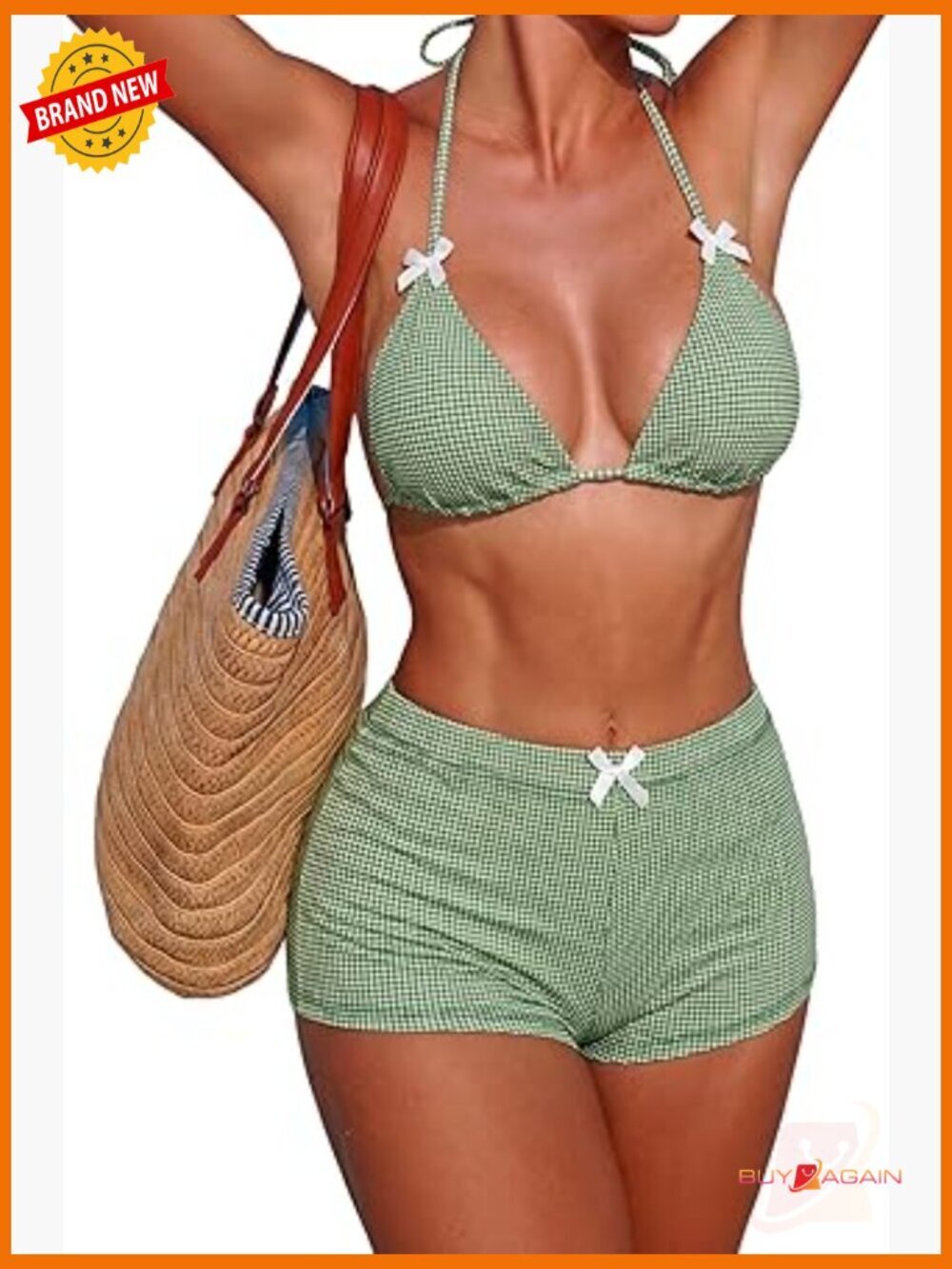 Y2K Gingham Bikini Shorts Set, Halter Two Piece Swimsuits for Women